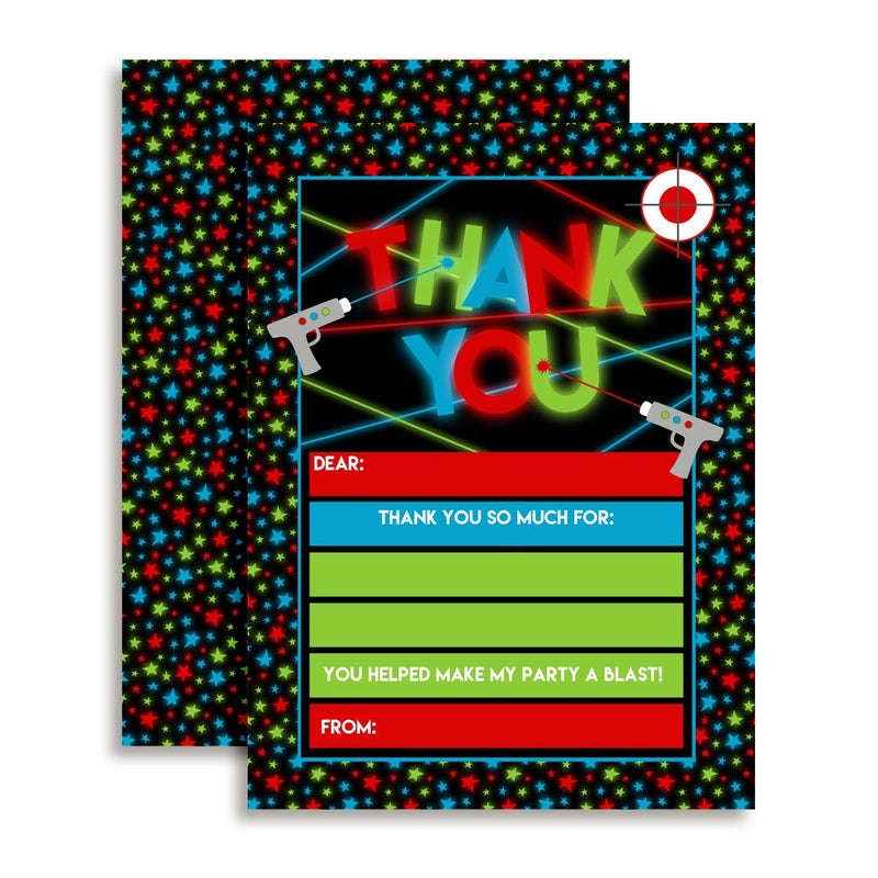 Amanda Creation Laser Tag Theme 10 Birthday Thank You Notes 4"x5.5" Fill-In Cards with Envelopes, Boys Party Stationery Set, Fun Neon Glow Laser Beam Design for Kids Gifts, Made in USA by Amanda Creation - Image 1